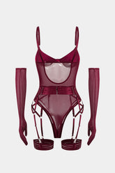 Mesh Patchwork Strappy Backless Bustier Lingerie Garter Set With Gloves